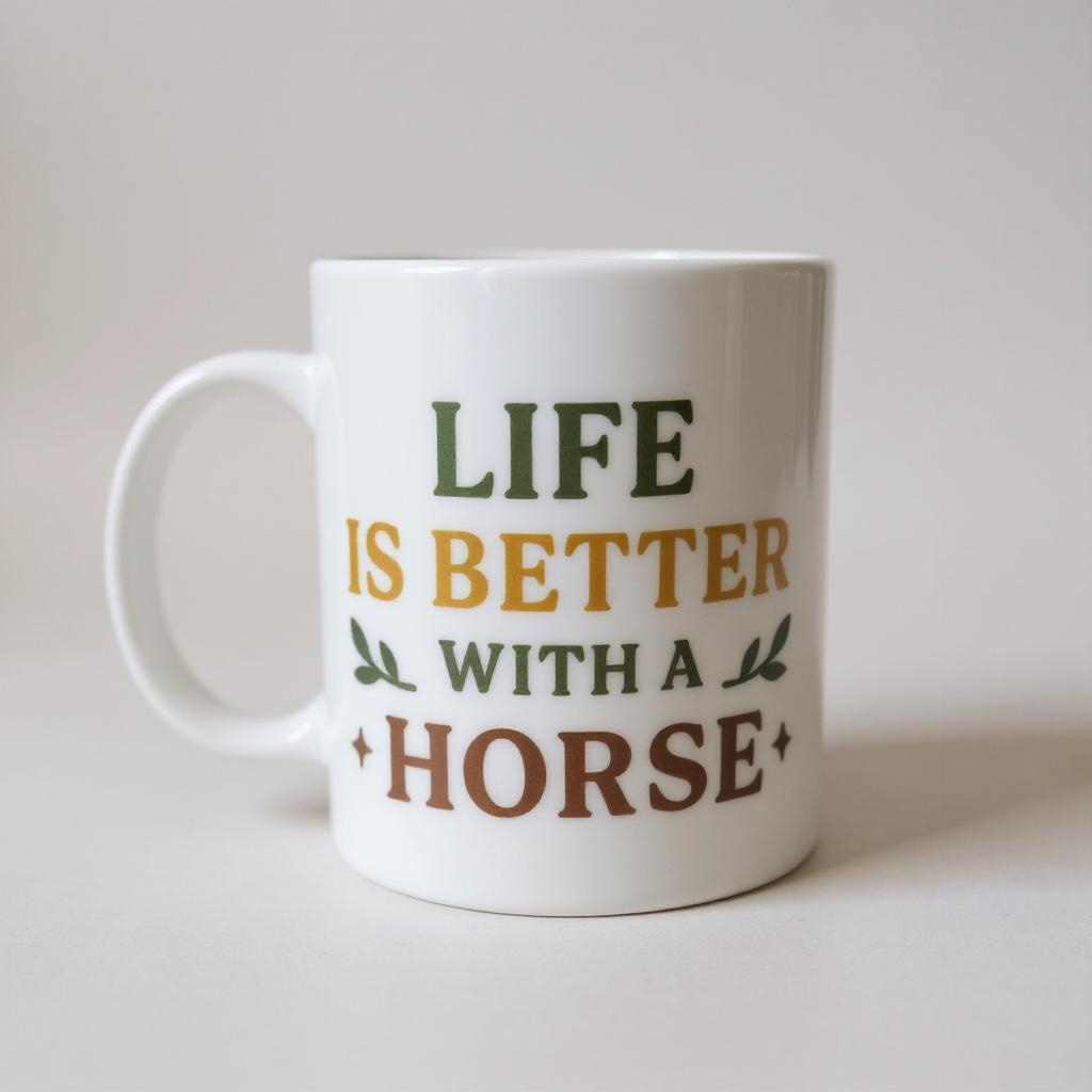 White mug with 'Life is Better with a Horse' text on a light gray background