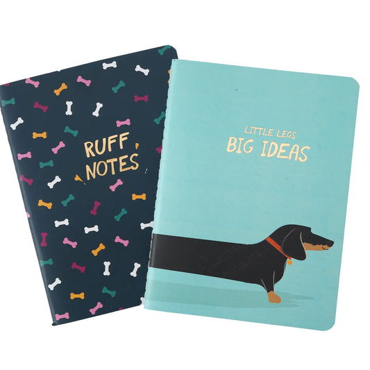 Set of 2 'Little Legs Big Ideas' notebooks with dachshund design, ideal for notes and sketches.