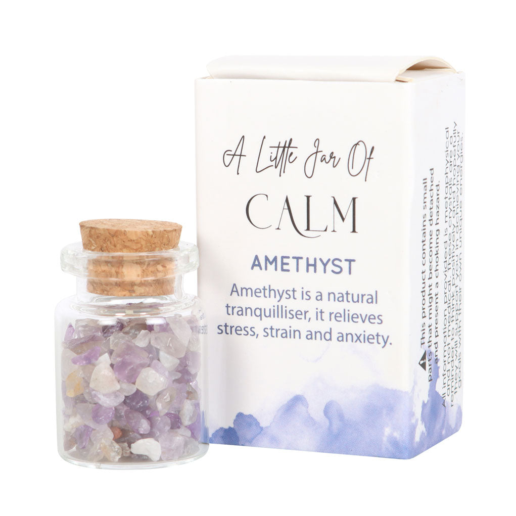 Pocket-sized Jar of Calm with amethyst crystals for relaxation and stress relief.