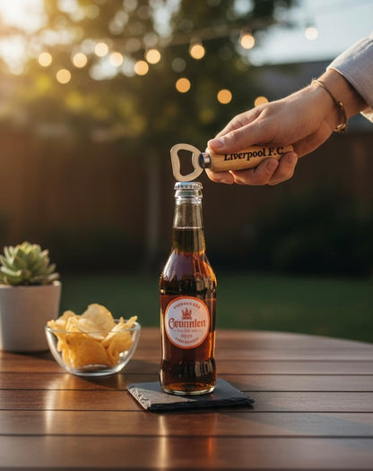 Person opening a bottle of beer with a Liverpool F.C. bottle opener on a wooden table outdoors.
