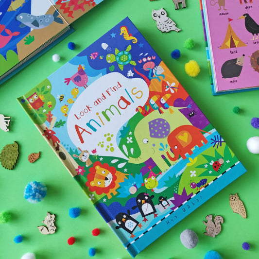 Look and Find Animals kids book with colorful illustrated cover featuring various animals.