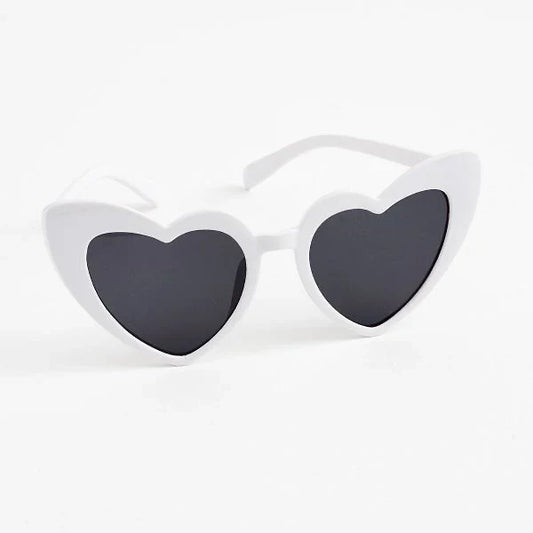 White love heart sunglasses with black lenses.