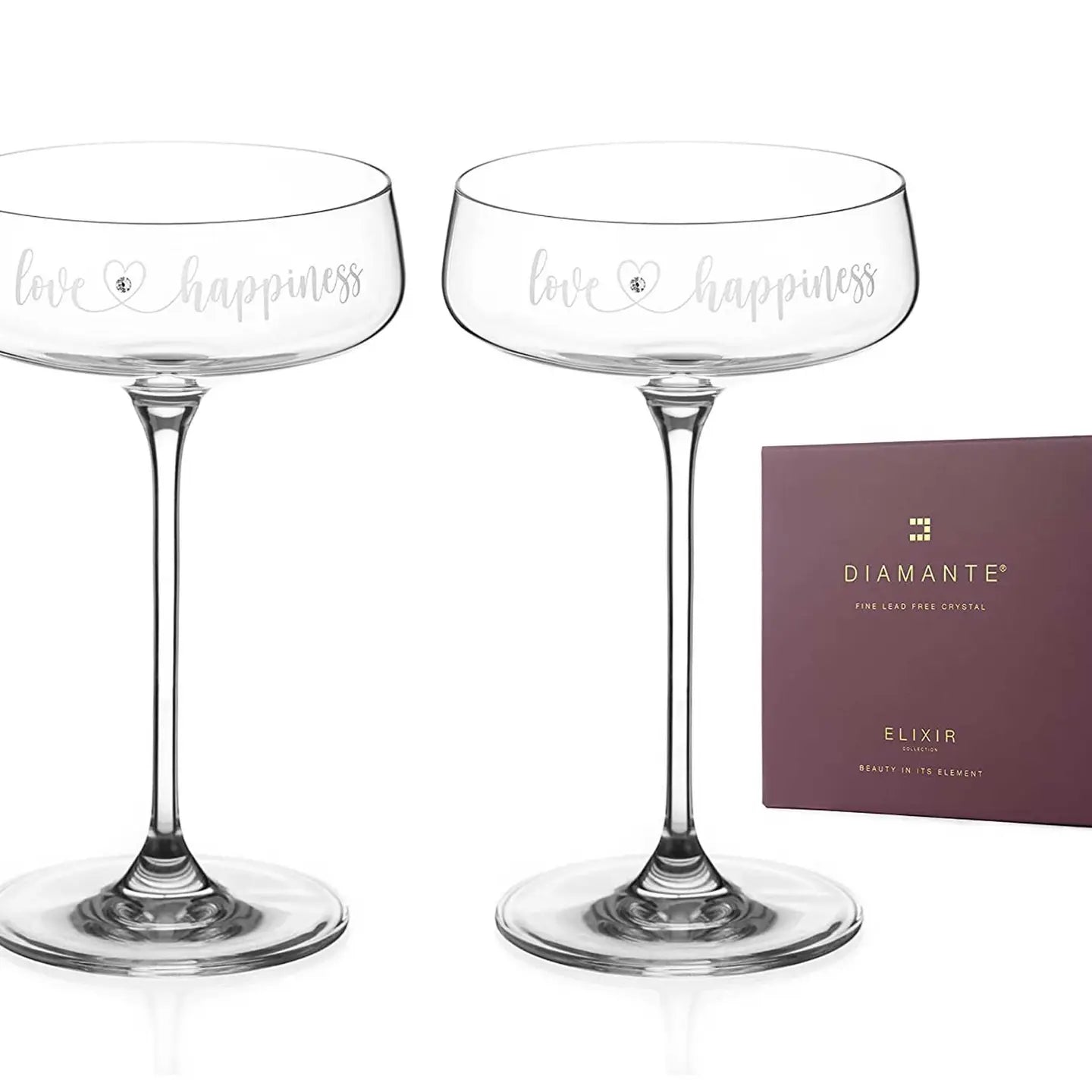 love and happiness champagne saucers with elegant gold detail.