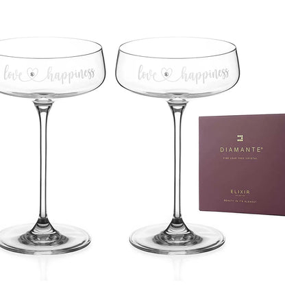 love and happiness champagne saucers with elegant gold detail.