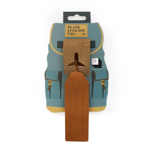 Smart and durable leather luggage tag with airplane cutout on packaging.