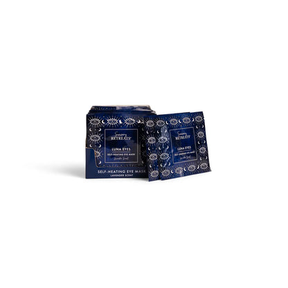 Self-heating eye mask infused with chamomile or lavender for relaxation, eye strain relief and better sleep.