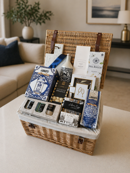 blue and white luxury gift with champagne in a wicker basket.