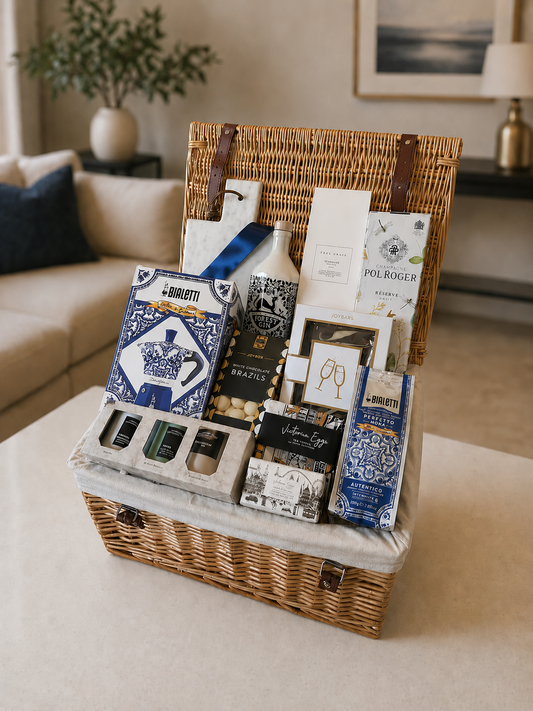 Gift basket with various items on a coffee table in a living room setting
