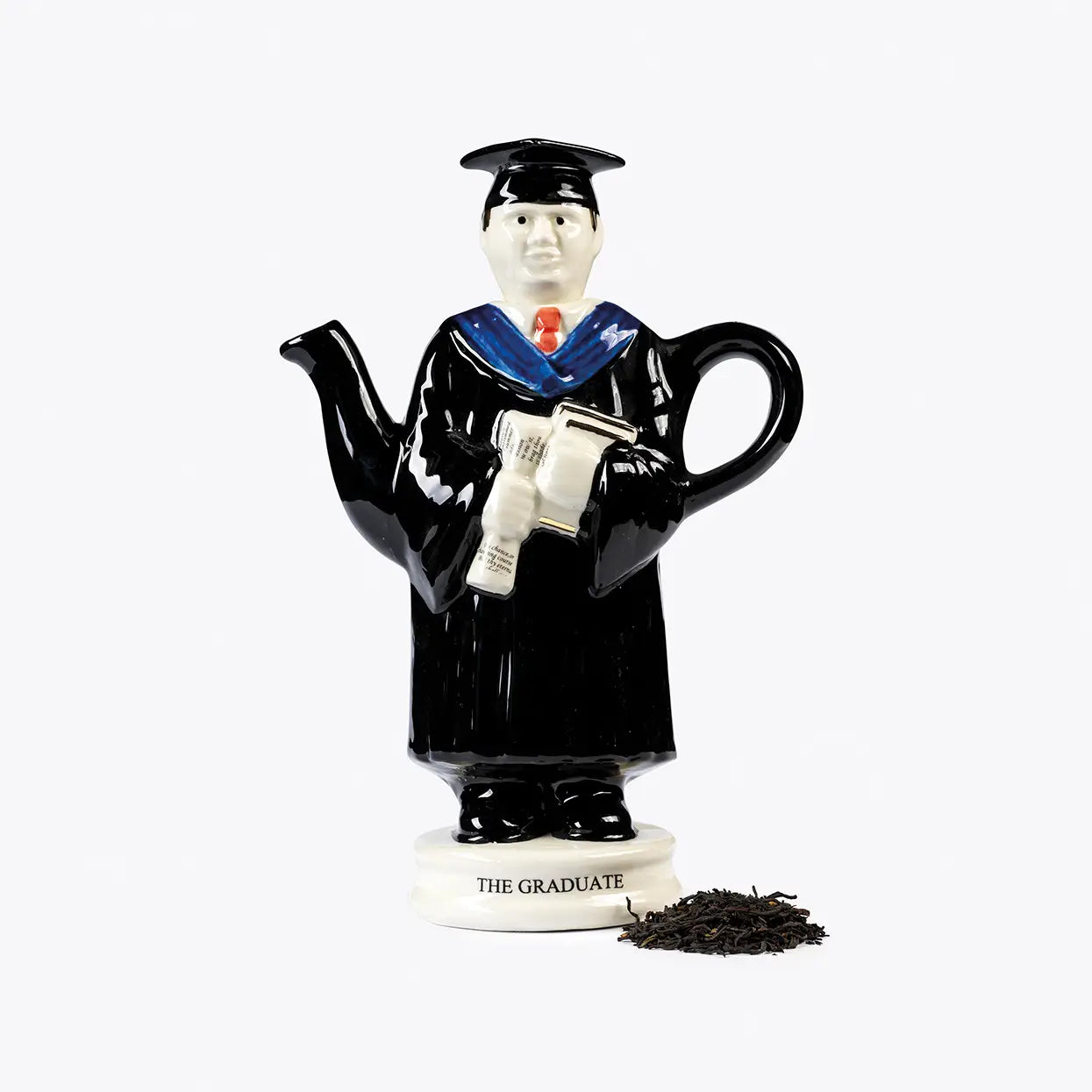 Male graduate teacup figurine in black robe and cap, handmade collectible.
