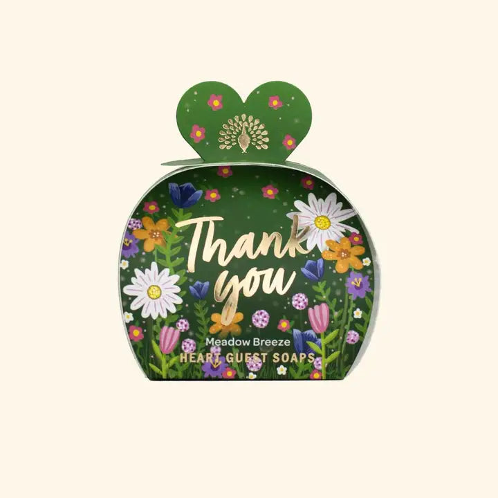 Meadow Breeze heart guest soaps packaging with floral design.