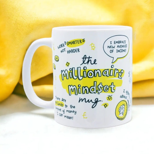 Millionaire Mindset Mug with motivational quotes and design.