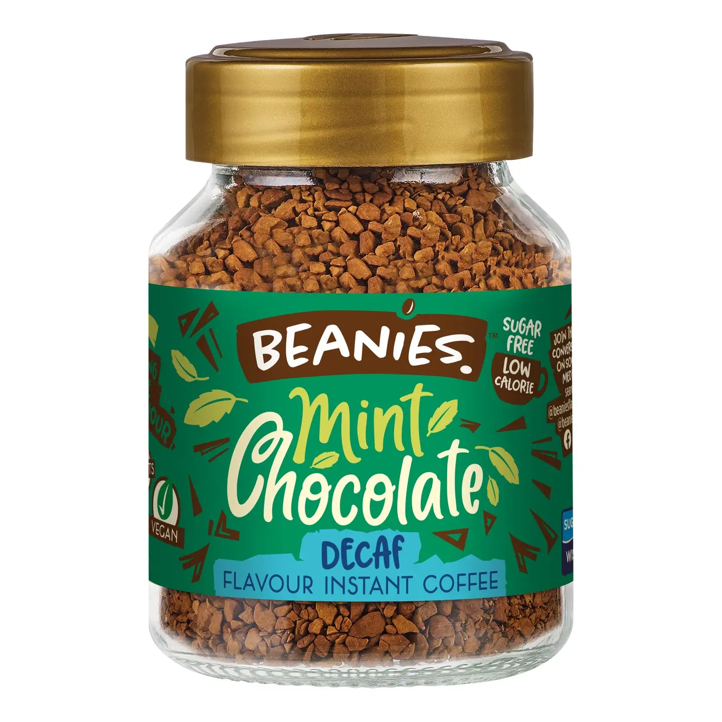 Mint Chocolate Decaf Instant Coffee jar, 50g, with sugar-free label.