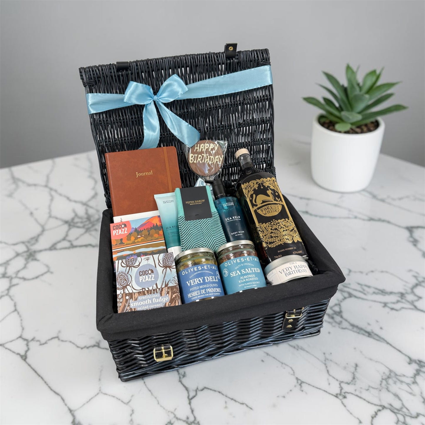 Mixed Gent’s Birthday Hamper with journal, gourmet snacks, Peper Harow socks, body wash, foot scrub and birthday chocolate treats