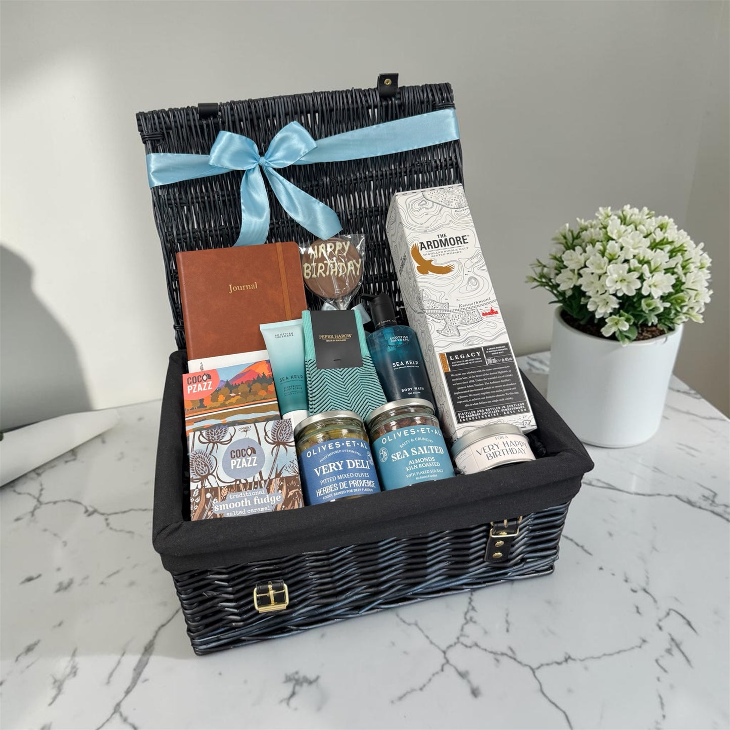 Mixed Gent’s Birthday Hamper with journal, gourmet snacks, Peper Harow socks, body wash, foot scrub and birthday chocolate treats