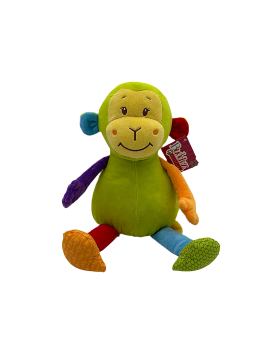 Colourful monkey soft toy with bright patterns and playful design