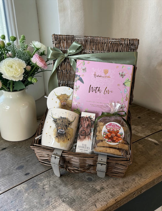 mothers day highland cow themed hamper with chocolates, mug, coaster and mothers day biscuits