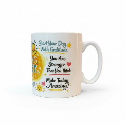 The Morning Mindset mug with colourful positive message design