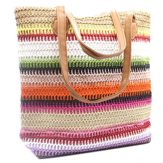 Colorful "Back to the Bazaar" bag with stripes and leather straps.