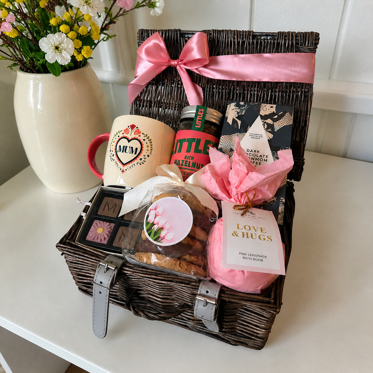 Gift basket with a mug, snacks, and flowers on a table.