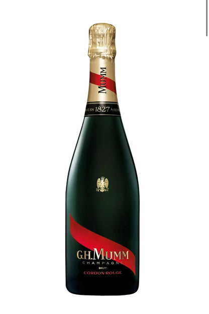 G.H.MUMM Champagne bottle with gold foil and red ribbon design.