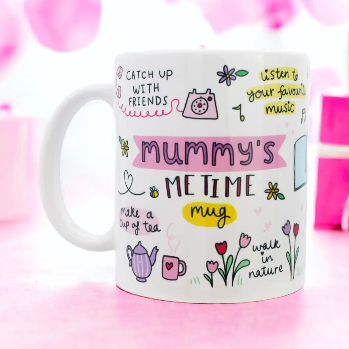 Mummy's 'me time' Mug featuring doodles and text on white ceramic.