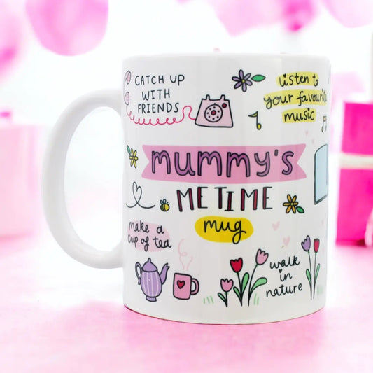 Mummy's 'me time' Mug featuring doodles and text on white ceramic.