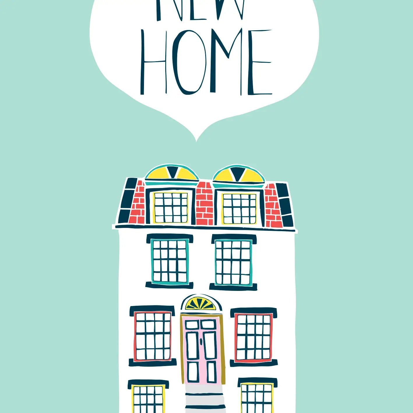 Illustrated new house card with colorful home design and "New Home" text.