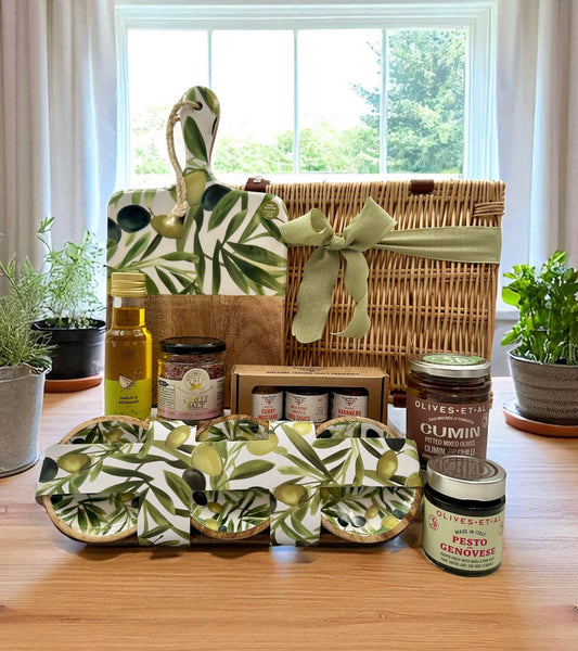 olive themed gift set serving board dipping bowls gourmet snacks, olives, pesto, olive oil and chilli salt