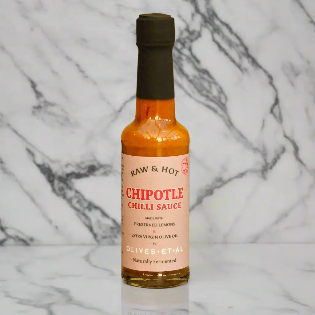 Olives Et Al Raw & Hot Chipotle Chilli Sauce made with preserved lemons, 150ml bottle.