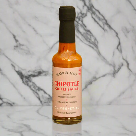 Olives Et Al Raw & Hot Chipotle Chilli Sauce made with preserved lemons, 150ml bottle.