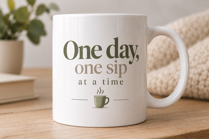 White encouragement mug with 'One Day, One Sip at a Time' lettering in sage green and taupe with a steaming cup design.