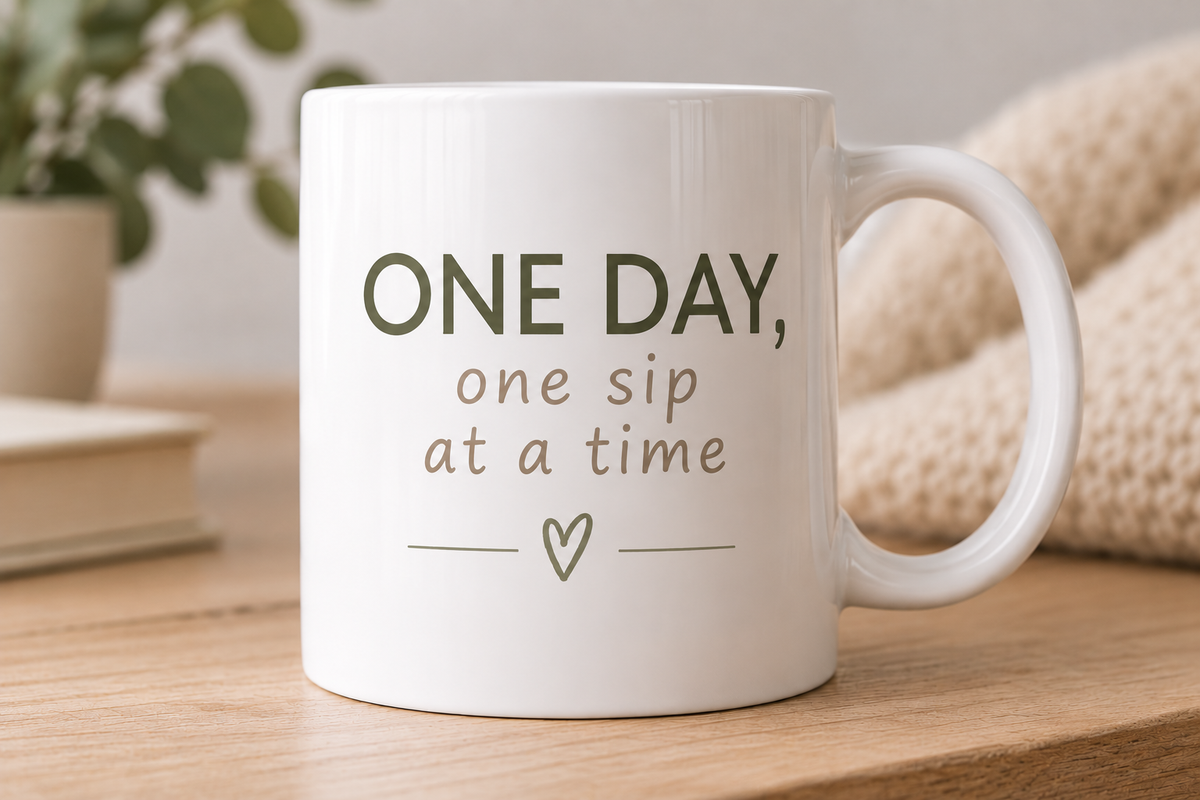White encouragement mug with 'One Day, One Sip at a Time' lettering in sage green and taupe with a love heart design.