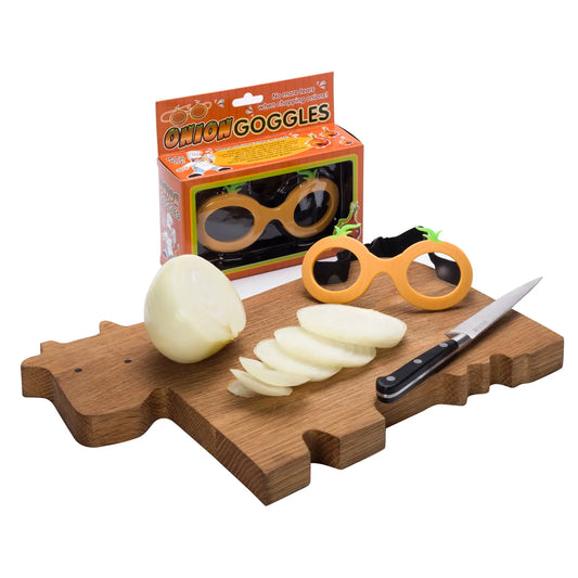 Novelty Onion Goggles with orange frames, displayed on a cutting board with sliced onion and knife.