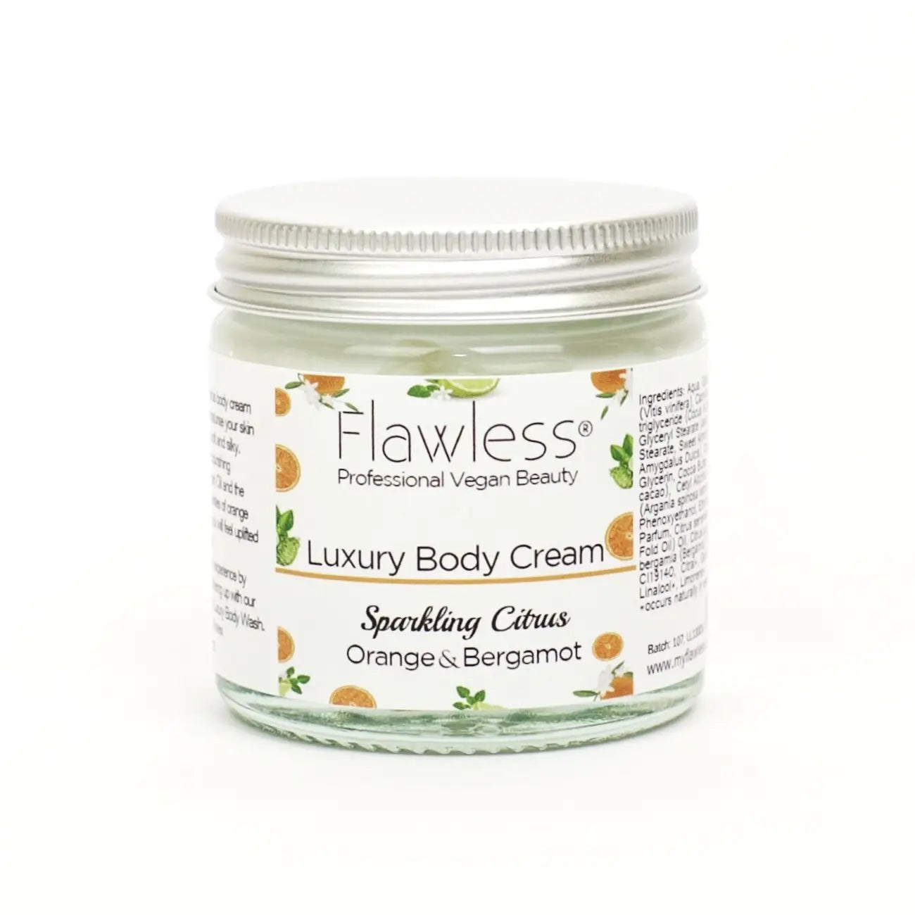 Luxury Body Cream with Orange and Bergamot in glass jar.