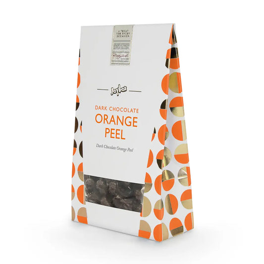Dark chocolate coated orange peel pieces by Joy Box, a zesty and rich chocolate treat.