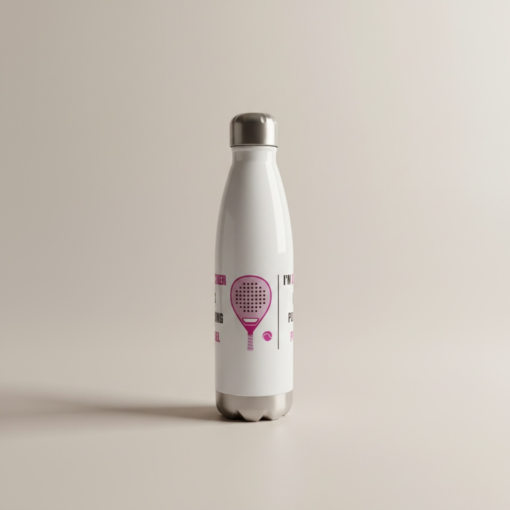 White stainless steel water bottle with pink padel racket and ball.
