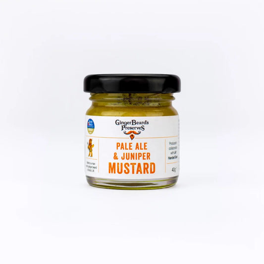 Mini jar of GingerBeard's Preserves Pale Ale & Juniper Mustard condiment.
