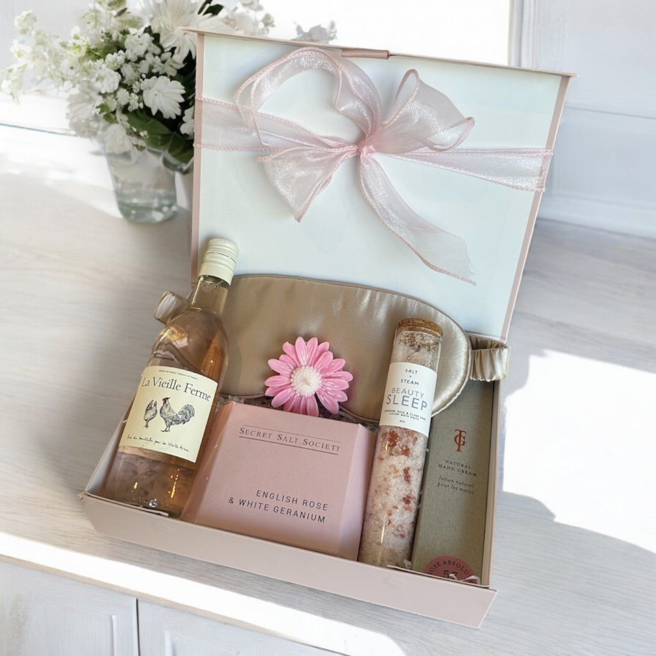 pamper self care box rose wine bath salts silk eye mask luxury hand cream