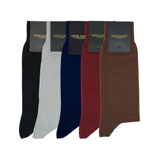 Men's soft cotton long socks in assorted neutral colors.