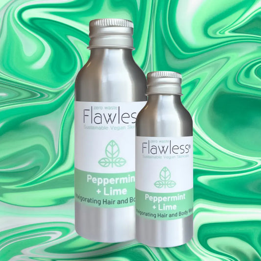 Peppermint & Lime Hair and Body Wash in eco-friendly aluminum bottles.