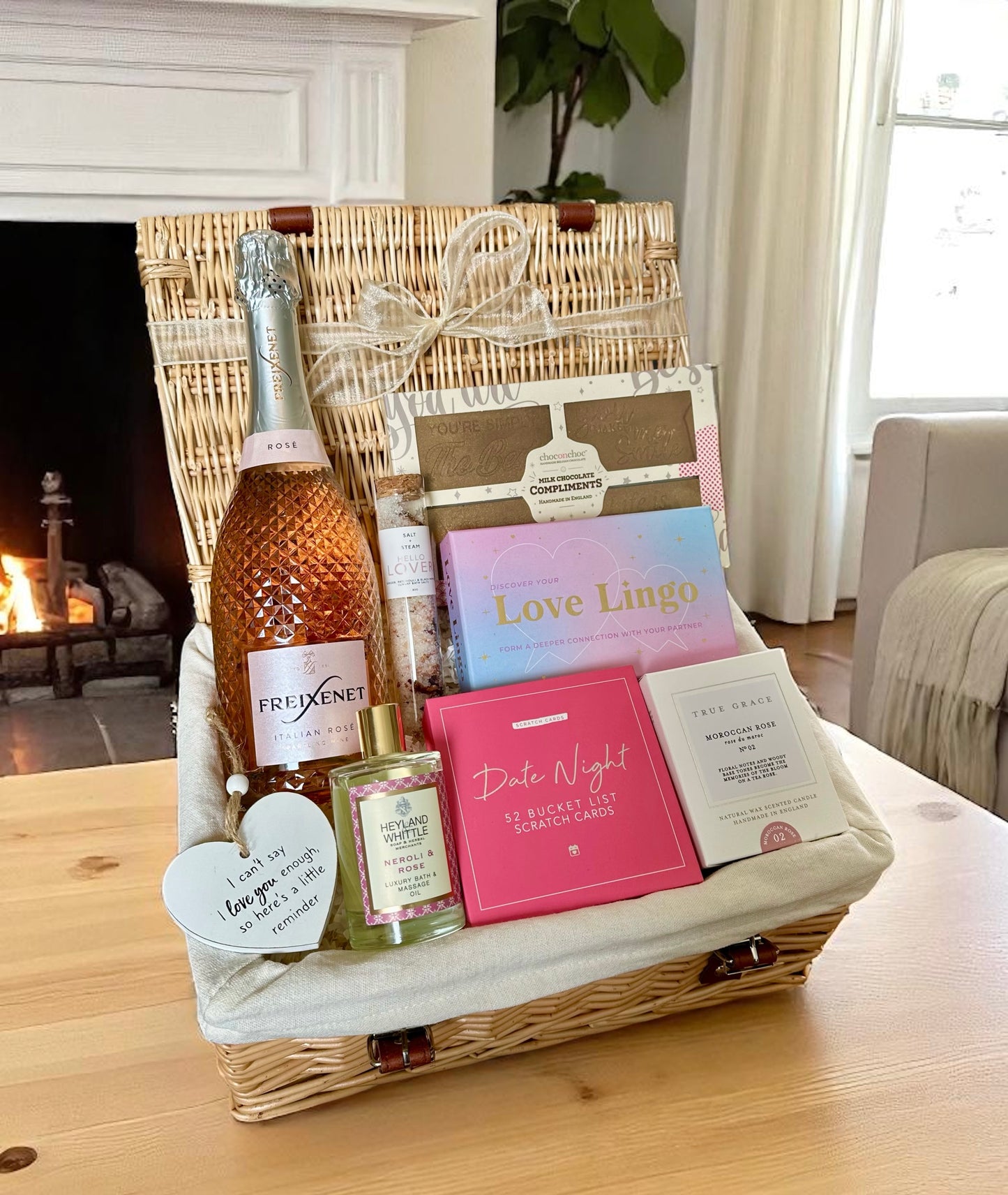 romantic couple love gift hamper with rose prosecco date night love lingo