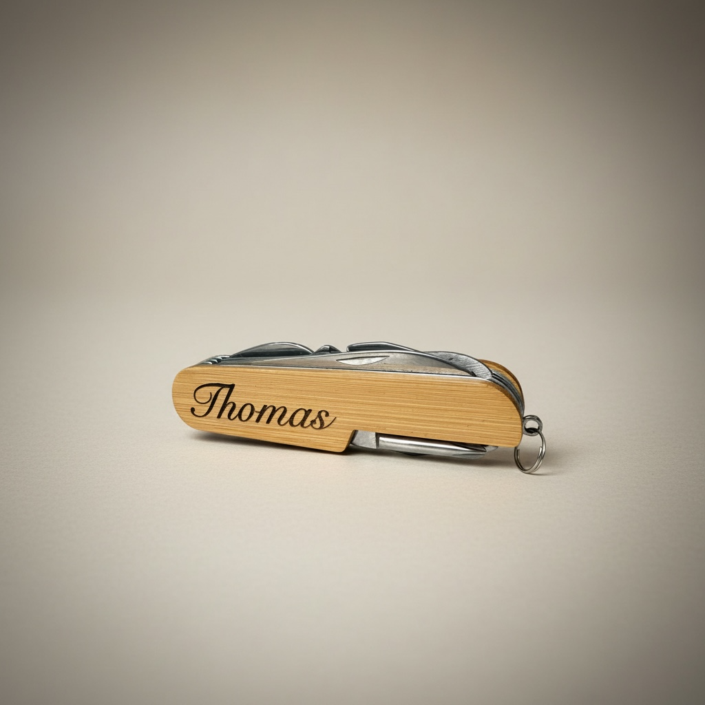 Wooden multi-tool with 'Thomas' engraving on a beige background