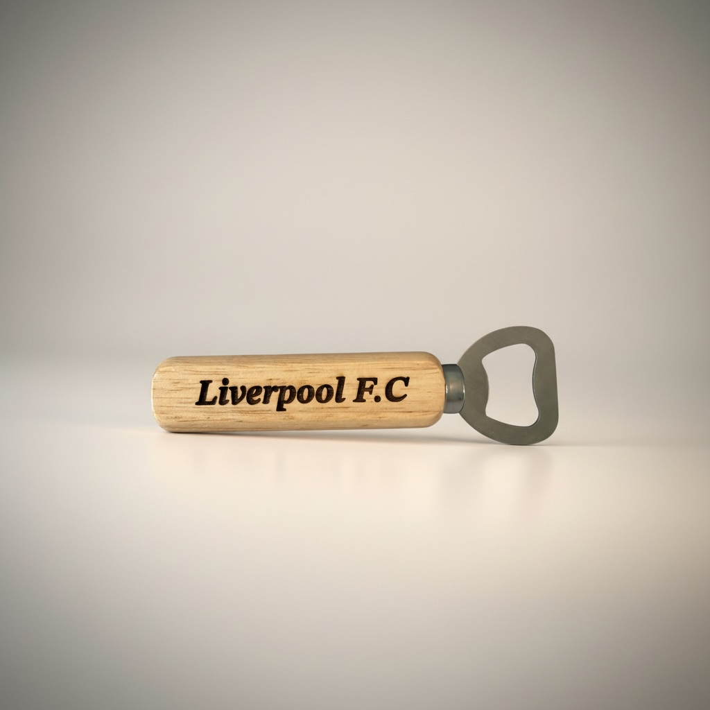 Wooden bottle opener with 'Liverpool F.C.' engraving on a gray background