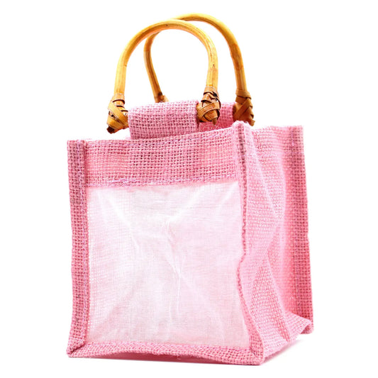 Pretty rose jute and cotton gift bag with bamboo handles.