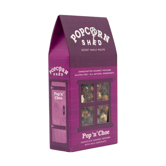 Pop n Choc Popcorn Shed gourmet chocolate caramel popcorn packaging.