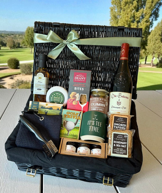 Premium Golfing Gift Hamper with wine, cheese, crackers, olives, chutneys, golf towel, brush, trivia, and mug – luxury gift for golfers.