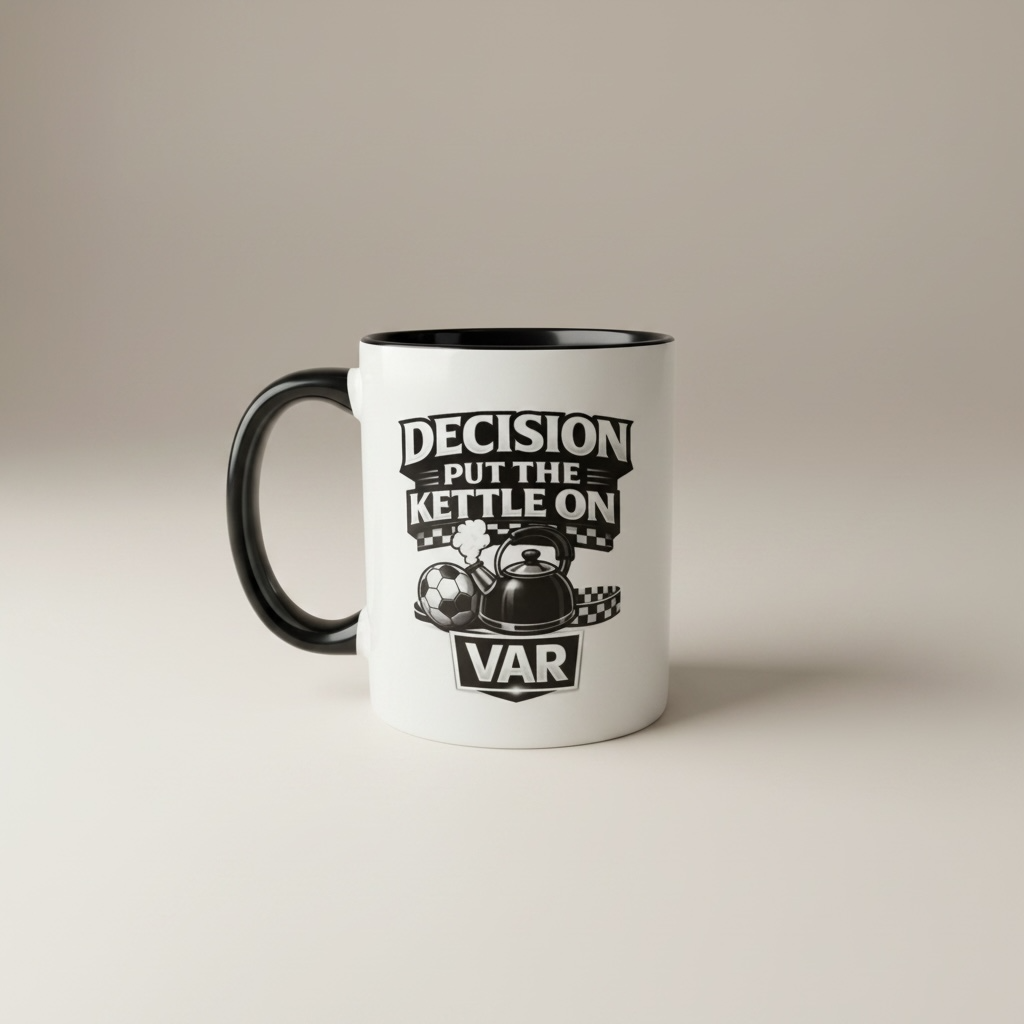 White mug with black handle featuring a humorous design and text on a beige background