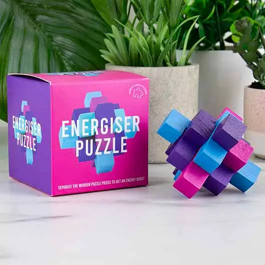Wooden Wellness Energiser Puzzle with interlocking pieces and colorful design, displayed next to packaging.