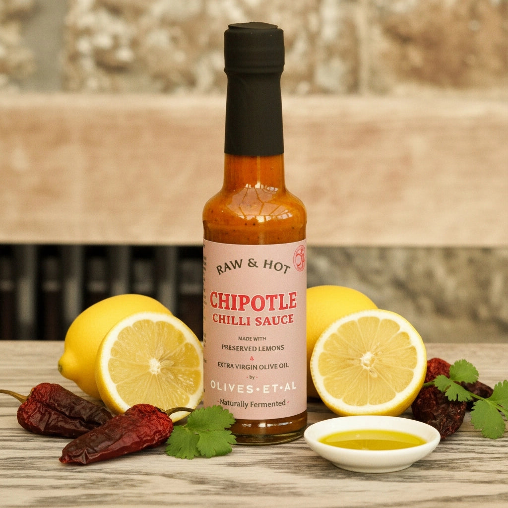 Olives Et Al Raw & Hot Chipotle Chilli Sauce made with preserved lemons, 150ml bottle.