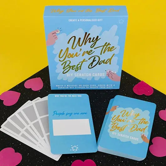 DIY scratch cards for 'Reasons Why You're the Best Dad' gift set on colorful background.